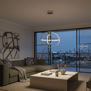 Sleek French Gold LED pendant light hanging above a modern lounge area with city view.