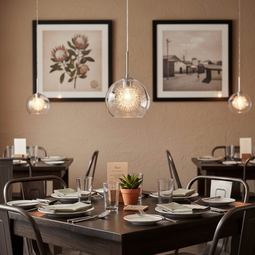 Polished chrome pendant light with clear glass shade hanging over a dining table set with plates and glasses.