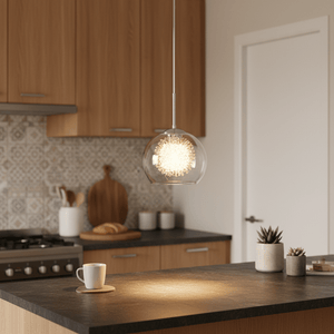 Polished chrome pendant light with clear glass shade illuminating a kitchen island, surrounded by wooden cabinets and decor.