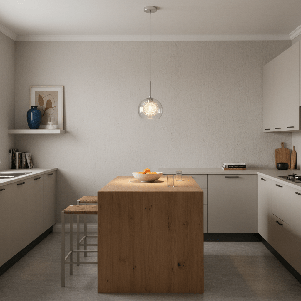 Polished chrome pendant light with clear glass shade hanging above a wooden kitchen island with fruit bowl.