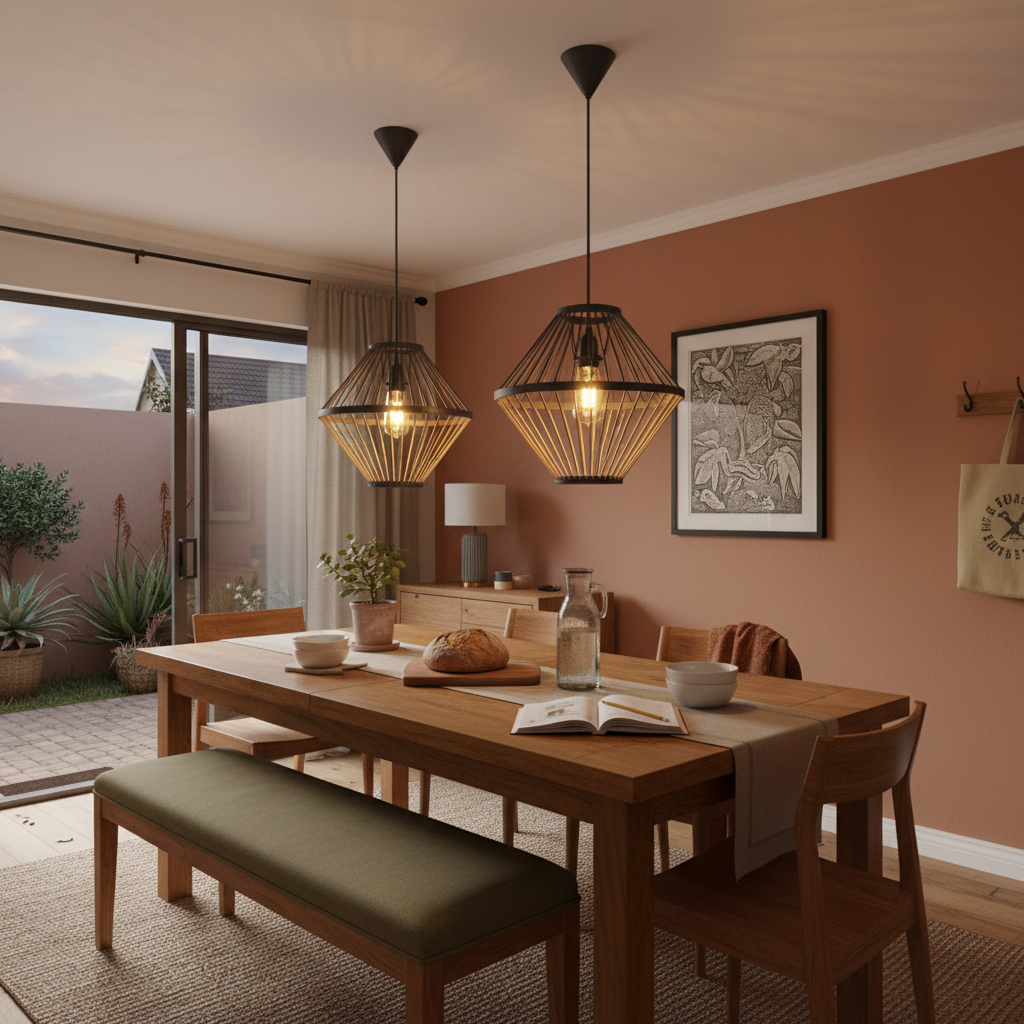 Bamboo versus rattan pendant lights for South African homes, natural woven pendant lighting in a relaxed coastal dining room, warm LED ambience, 800x800 composition