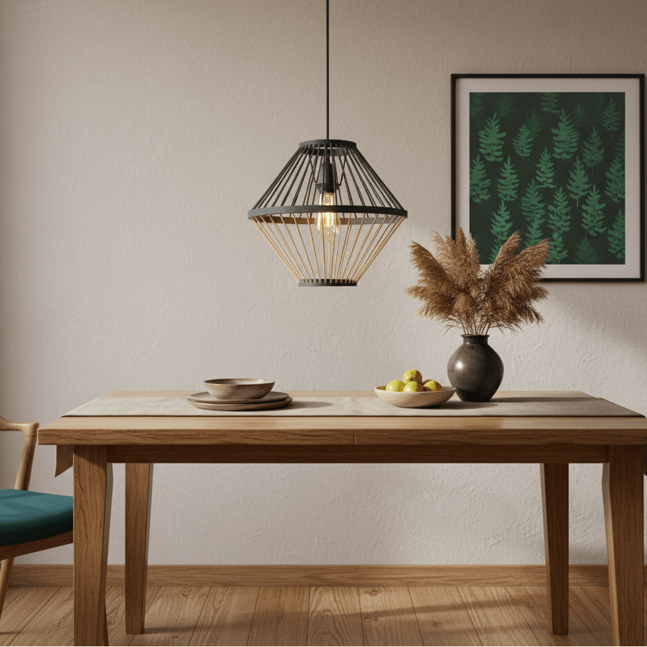 Dining room with wooden table, pendant light, and framed artwork on a beige wall.