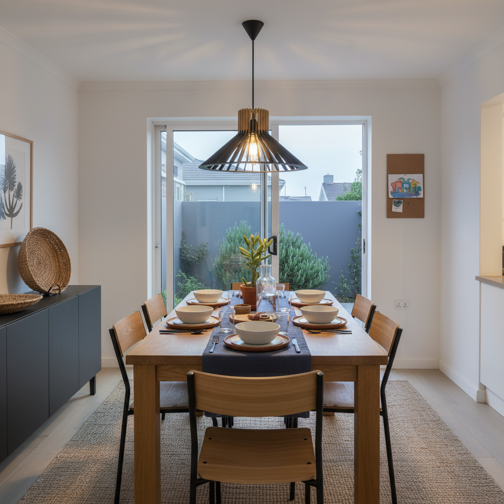 Why Bamboo Pendant Lights Work So Well in Coastal, Bush & Eco-Style Interiors, layered lighting in a realistic South African open-plan kitchen and dining space with bamboo pendant, recessed downlights and under-counter strips, warm 3000K illumination, balanced 800x800 editorial composition with charcoal and timber accents