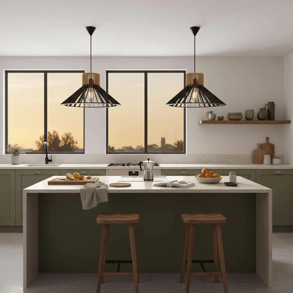 Eco-friendly bamboo and wood pendant light for South African interiors, natural woven material with warm white LED bulb, realistic 800x800 product lifestyle composition