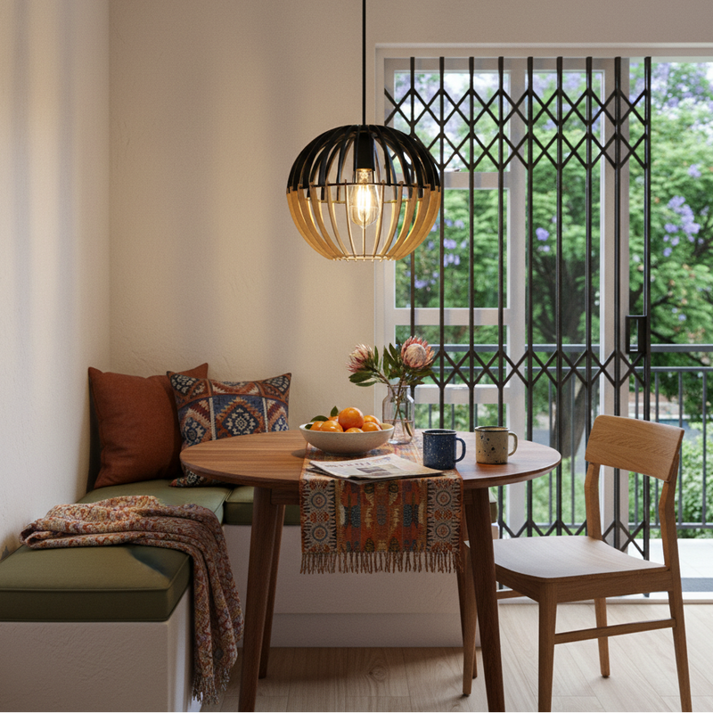 Bamboo pendant light hanging height over kitchen island, realistic South African interior with pendant 75 to 90cm above surface, warm LED lighting, 800x800 composition