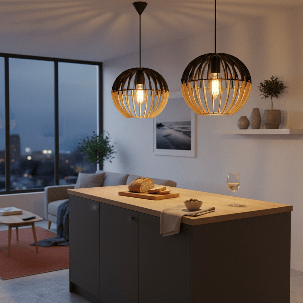 Two bamboo pendant lights hanging above a kitchen island with a wooden countertop, showcasing a cozy evening ambiance.