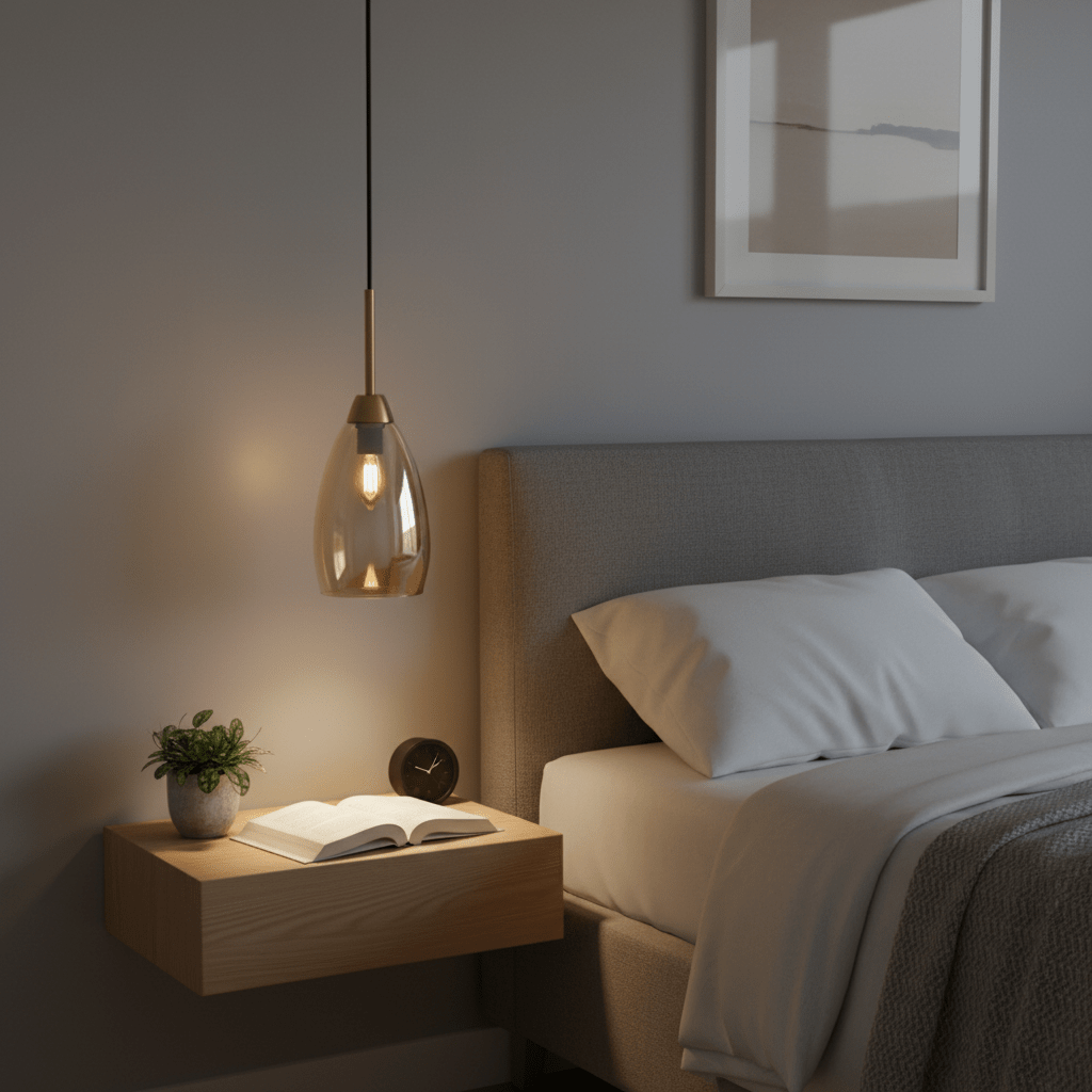 Gold and amber glass pendant light hanging above a bedside table with a book and plant.