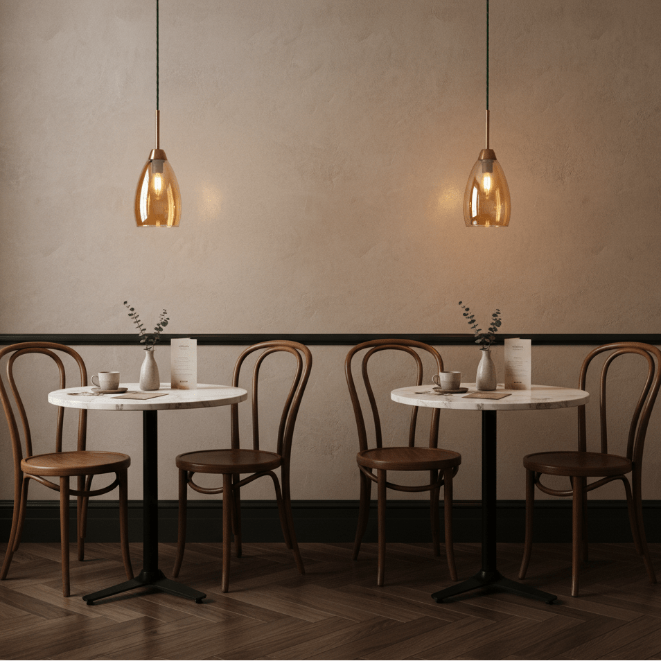 Stylish gold and amber glass pendant lights hanging over a marble table in a cozy café setting.