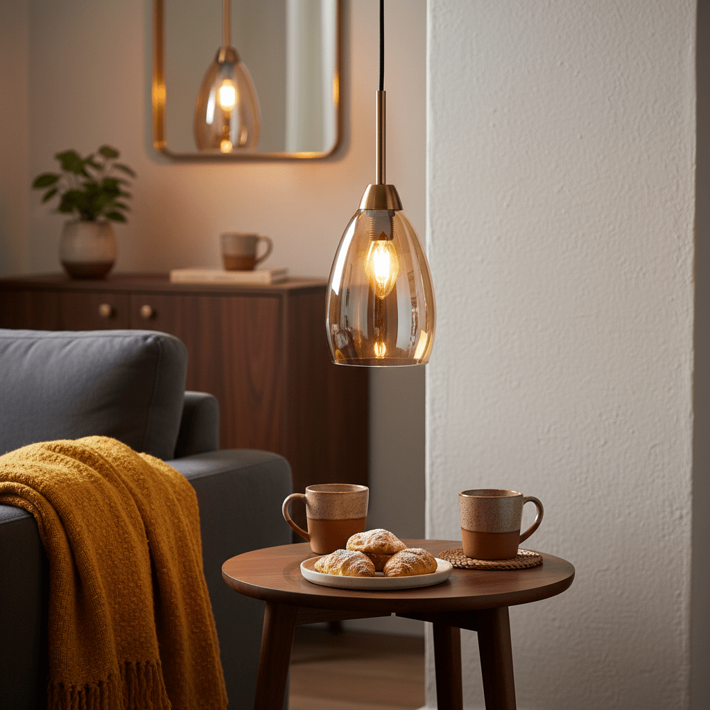 Gold and amber glass pendant light hanging above a wooden table with pastries and mugs.