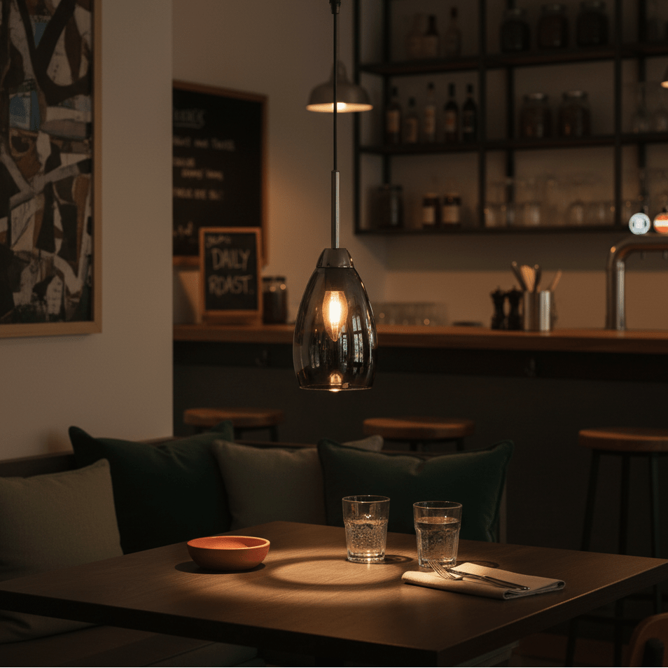 A stylish gun metal and smoke glass pendant light hanging over a dining table with glasses and a bowl.