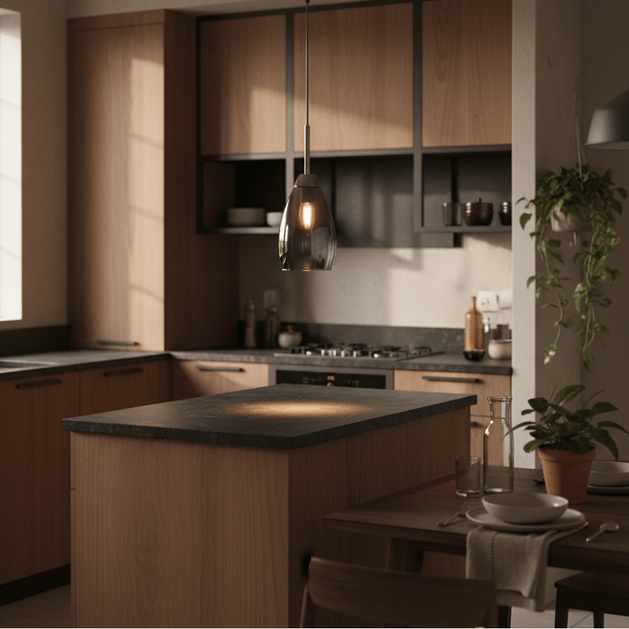 A stylish gun metal and smoke glass pendant light hanging over a kitchen island, illuminating the countertop.