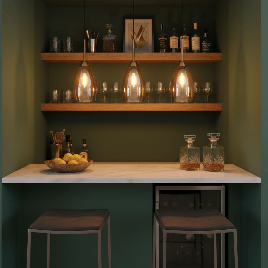 Three amber glass pendant lights hang above a marble countertop with a bowl of lemons and barware.