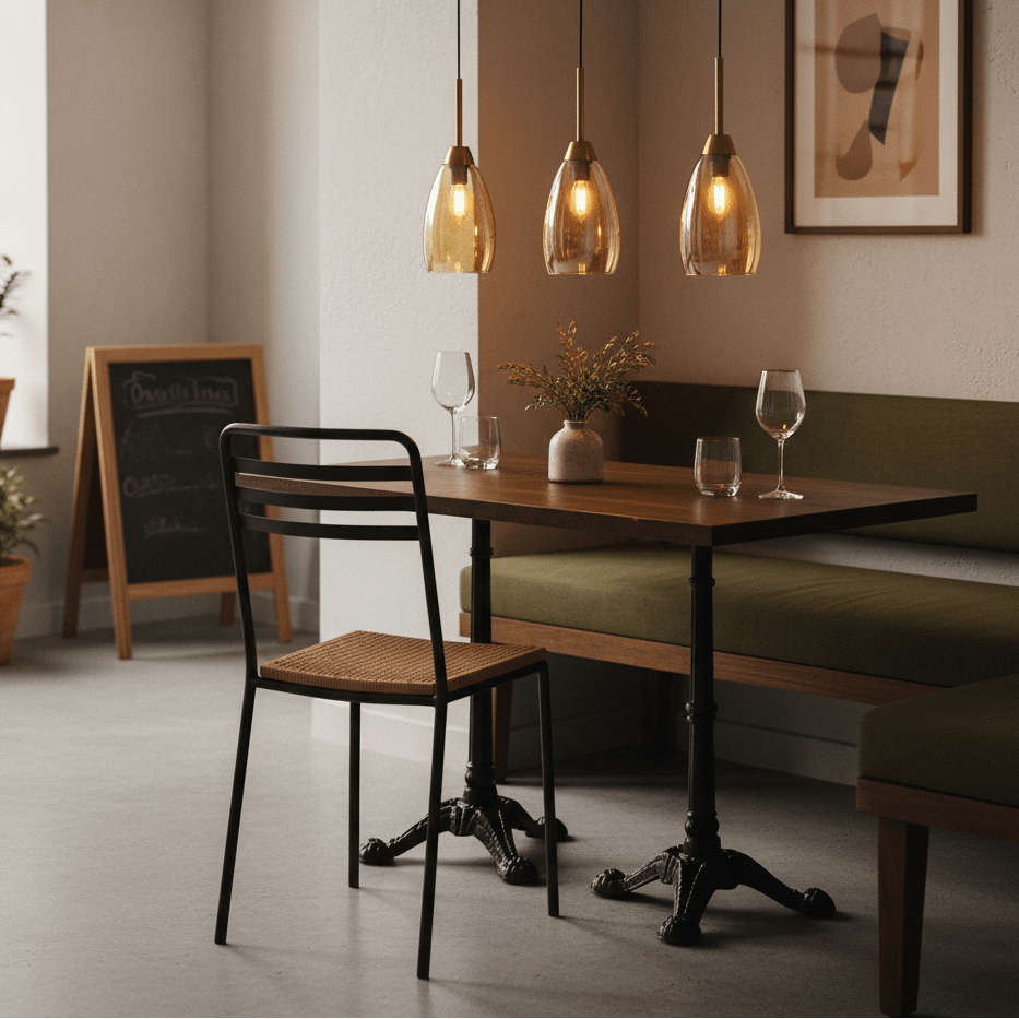 Three amber glass pendant lights hang above a wooden dining table set with glasses and a plant.