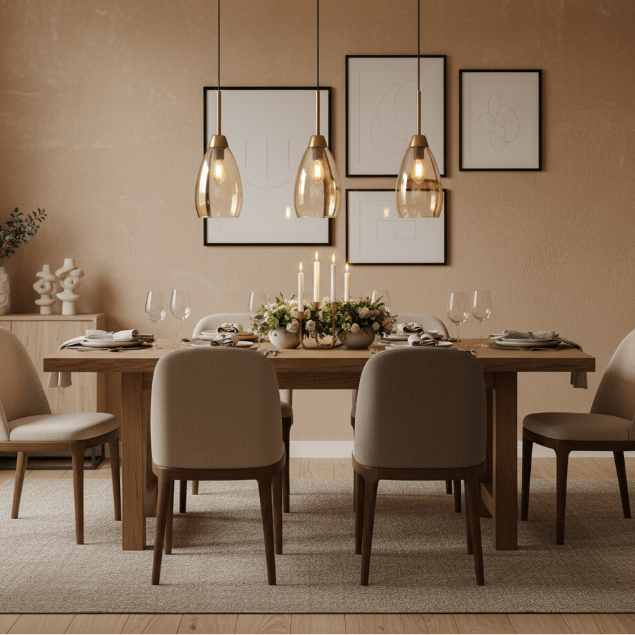 Stylish dining room featuring a wooden table set with plates and glasses, illuminated by a 3-light gold and amber glass