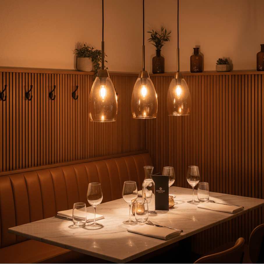 Three amber glass pendant lights illuminate a dining table set with glasses and cutlery.