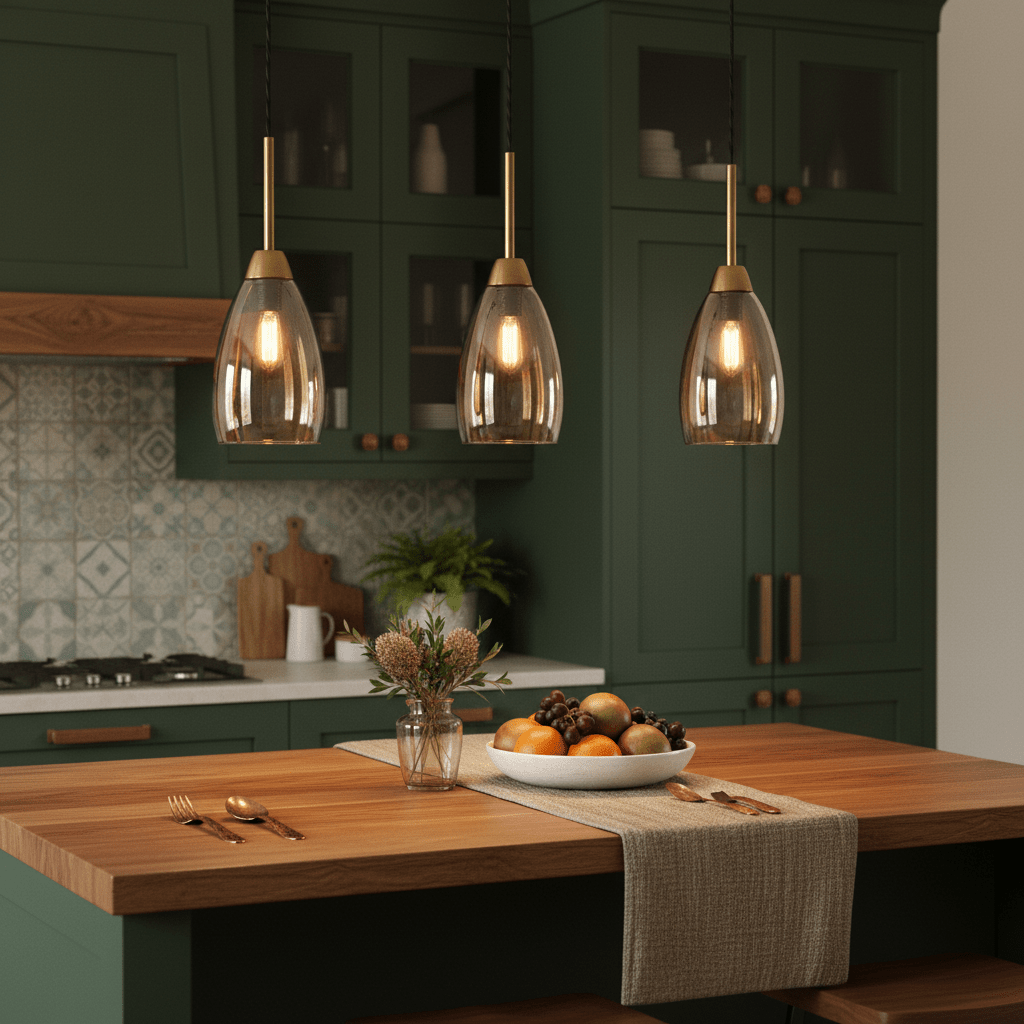 Three pendant lights with amber glass shades hang above a wooden kitchen island adorned with fruit.