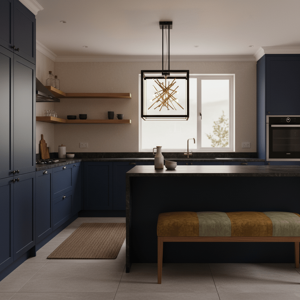 Black and gold LED pendant light hanging over a modern kitchen island with blue cabinetry.