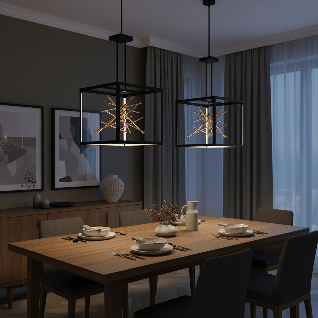 Stylish black and gold LED pendant lights hanging over a wooden dining table set for a meal.
