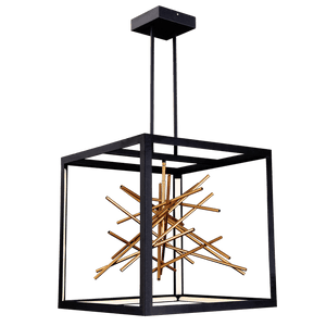 Black and gold LED pendant light with a geometric design, featuring a cube frame and starburst interior.
