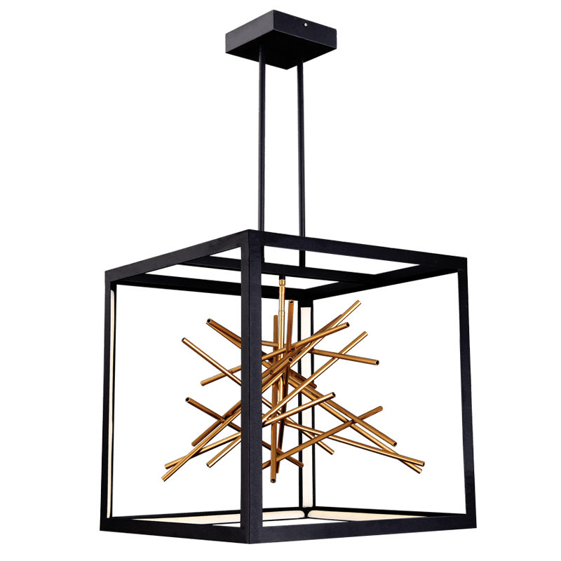 Black and gold LED pendant light with a geometric design, featuring a cube frame and starburst interior.