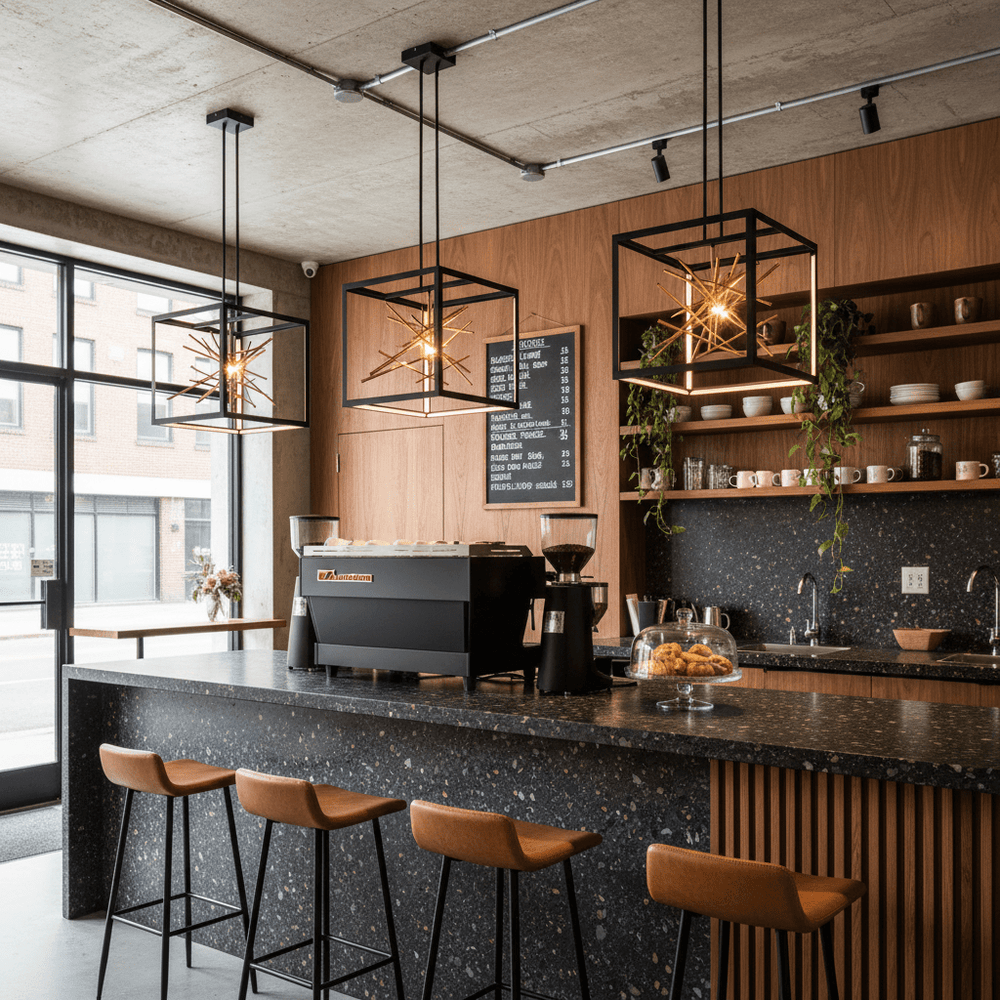Stylish black-and-gold pendant lights hanging over a modern café counter with bar stools.