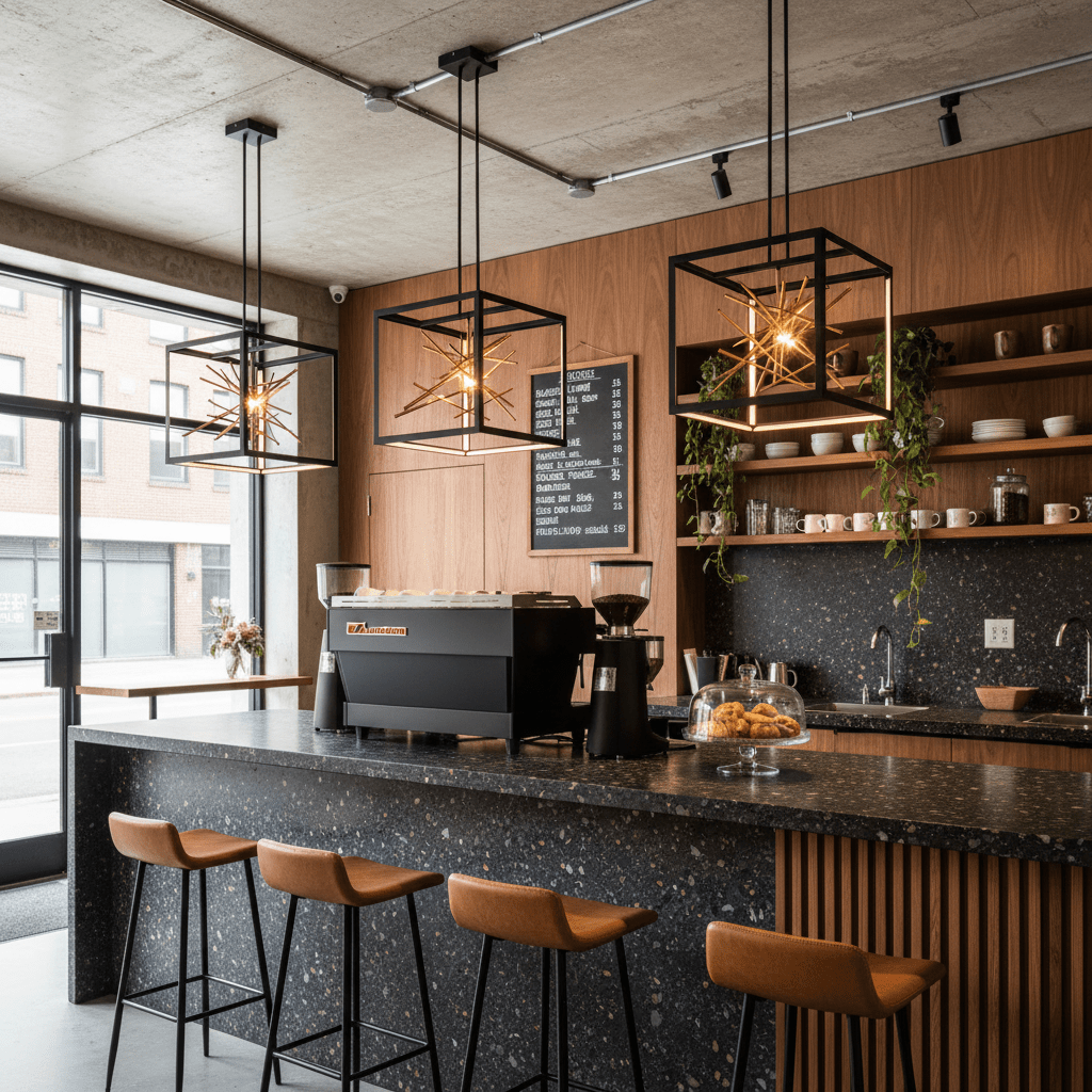 Stylish black-and-gold pendant lights hanging over a modern café counter with bar stools.