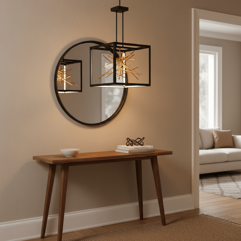 Black and gold LED pendant light hanging above a wooden console table with a round mirror.