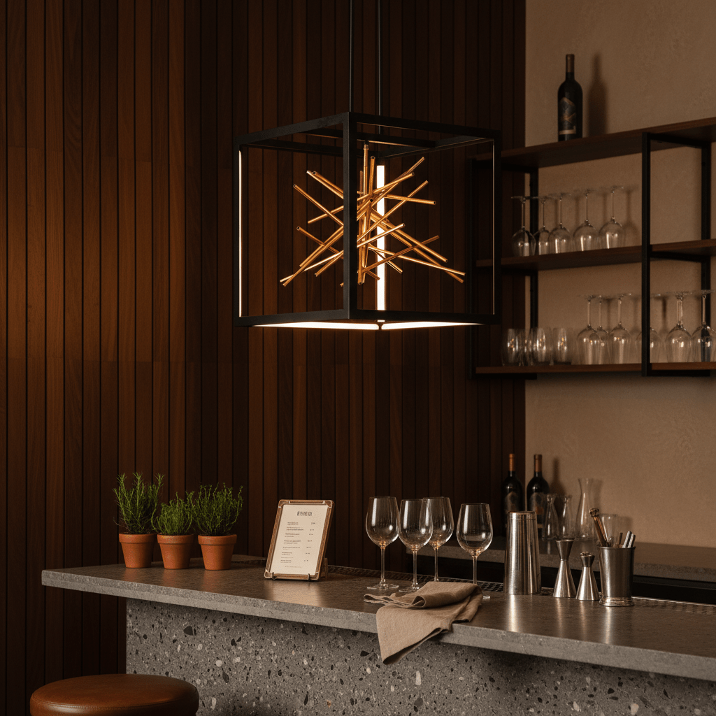 Black and gold LED pendant light hanging above a modern bar counter with plants and glassware.