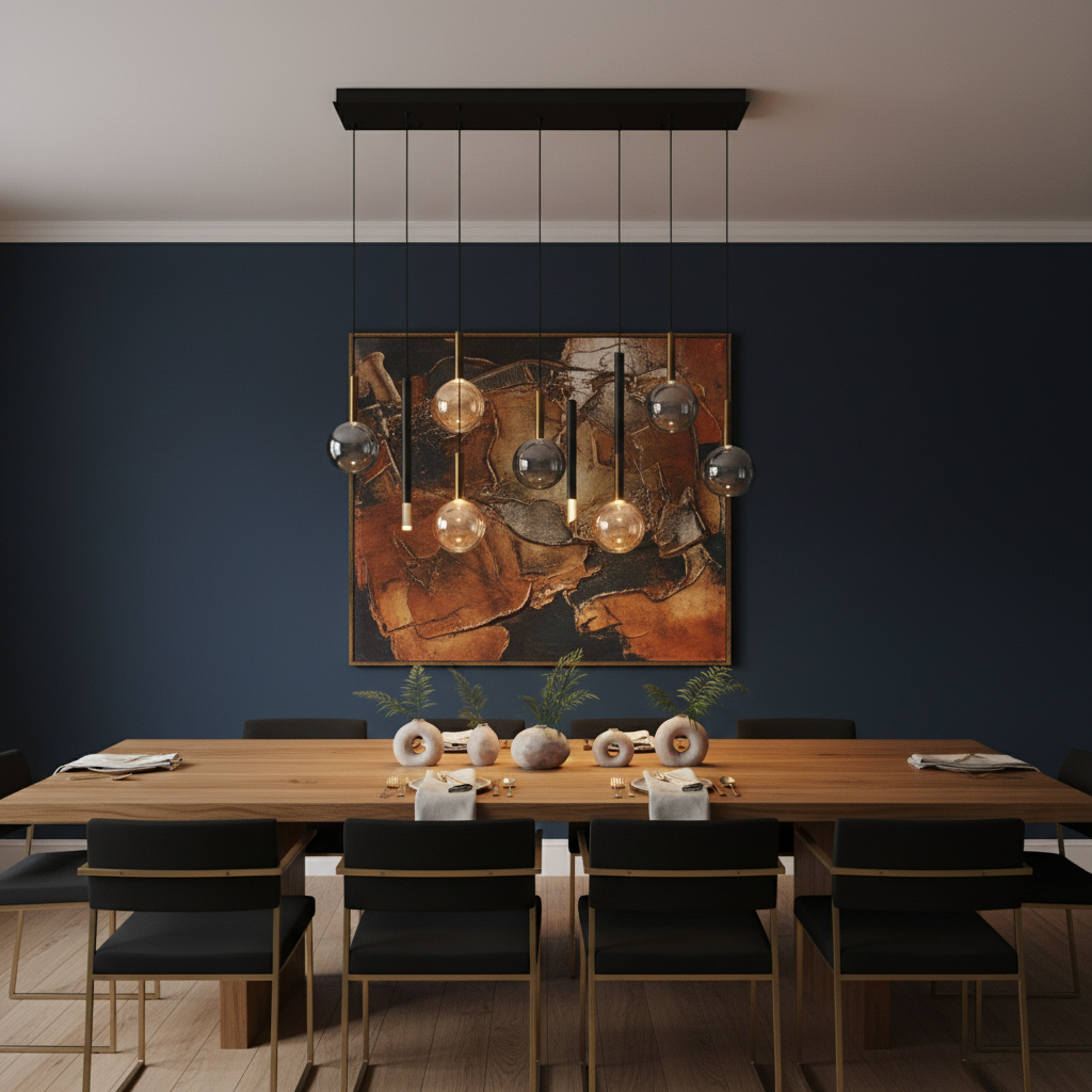 Modern chandelier with multiple hanging lights on a white background