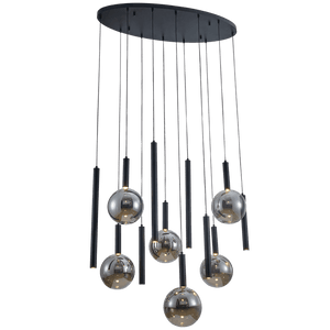 Modern pendant light with black cylindrical and spherical glass lampshades on a white background