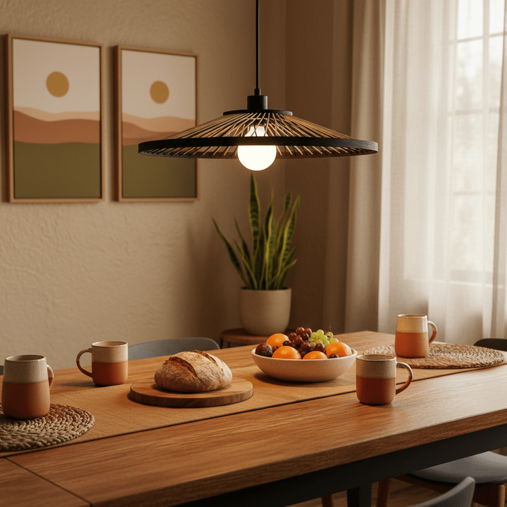 Hara Bamboo & Metal Pendant Light hanging above a dining table with fruit bowl and mugs.