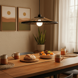 Hara Bamboo & Metal Pendant Light hanging above a dining table with fruit bowl and mugs.