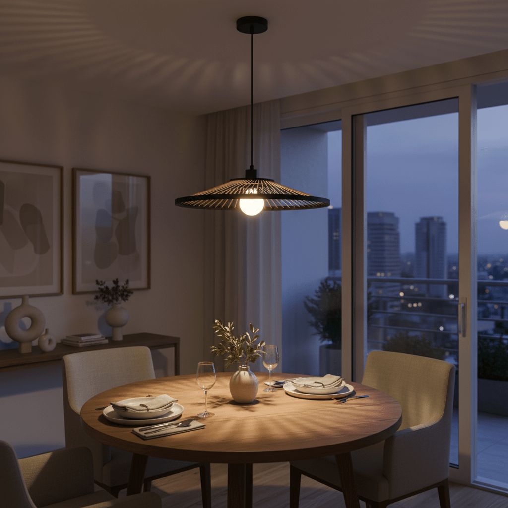 Hara Bamboo & Metal Pendant Light hanging over a dining table, casting warm light and shadows in a modern setting.