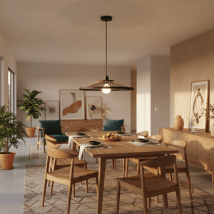 Hara Bamboo & Metal Pendant Light hanging above a wooden dining table, surrounded by chairs and decor.