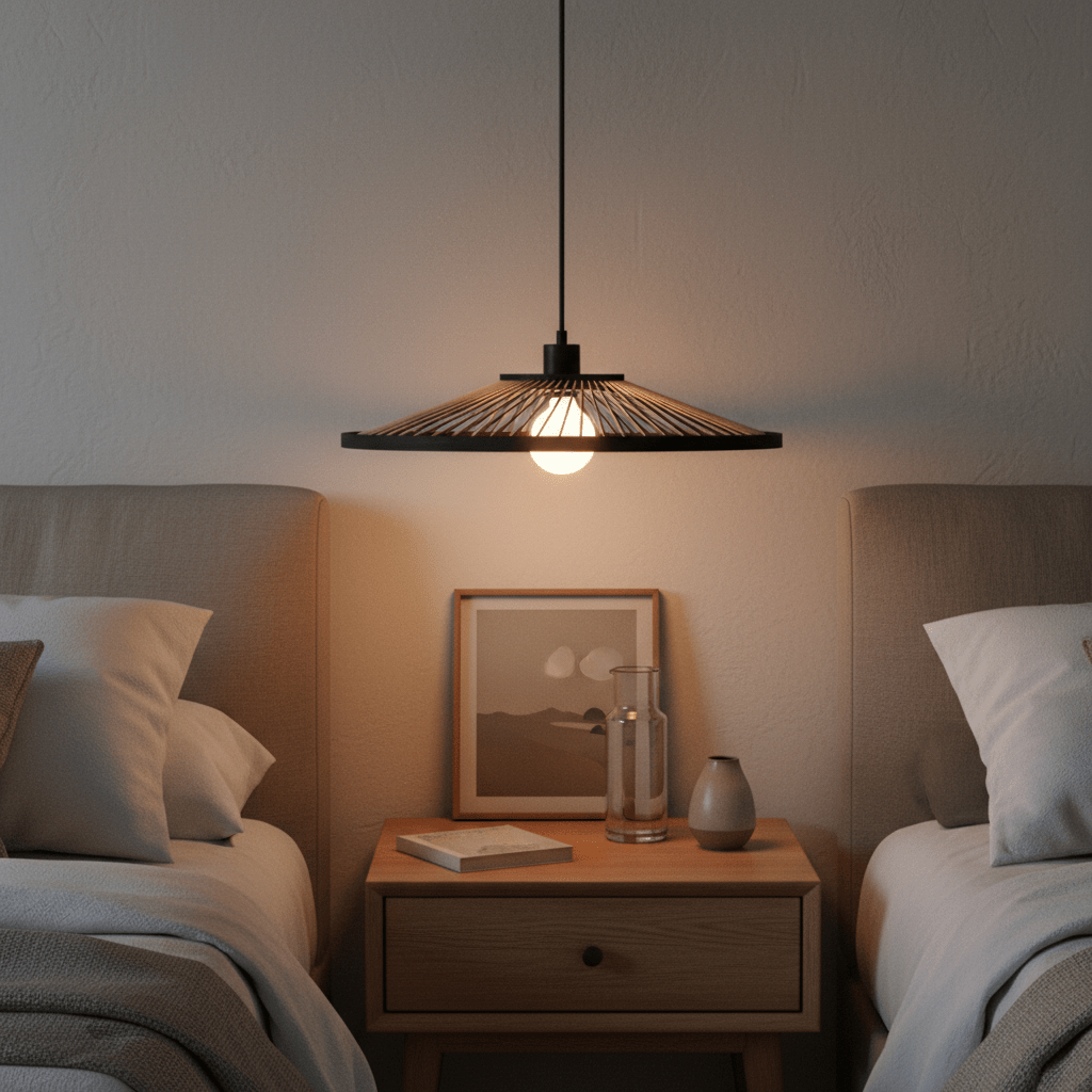 Hara Bamboo & Metal Pendant Light hanging above a bedside table with soft lighting.