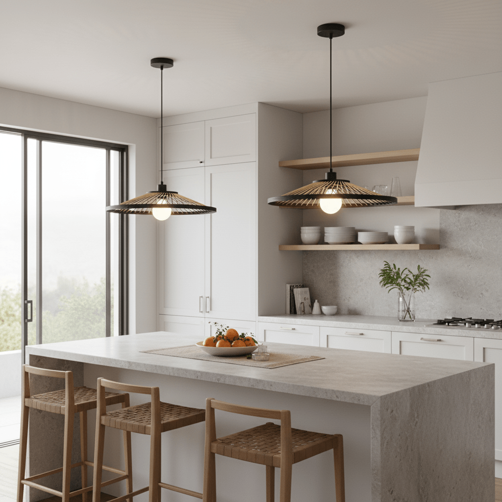 Stylish kitchen featuring two Hara Bamboo & Metal Pendant Lights above a stone island with wooden bar stools.