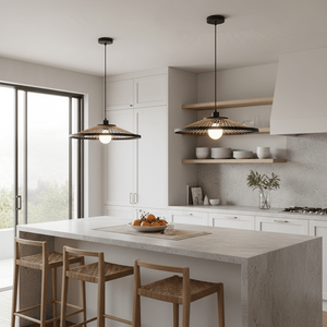 Stylish kitchen featuring two Hara Bamboo & Metal Pendant Lights above a stone island with wooden bar stools.