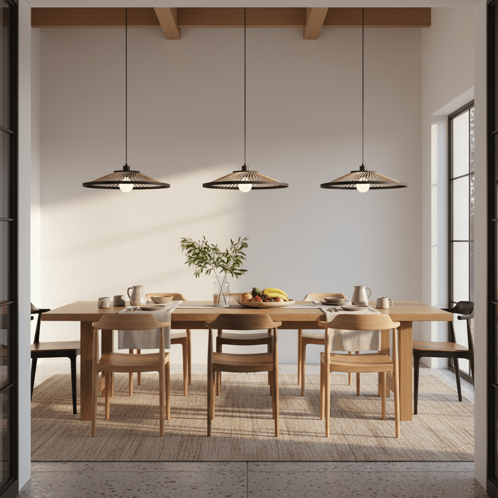 Three Hara Bamboo & Metal Pendant Lights hang over a wooden dining table set with chairs and decor.