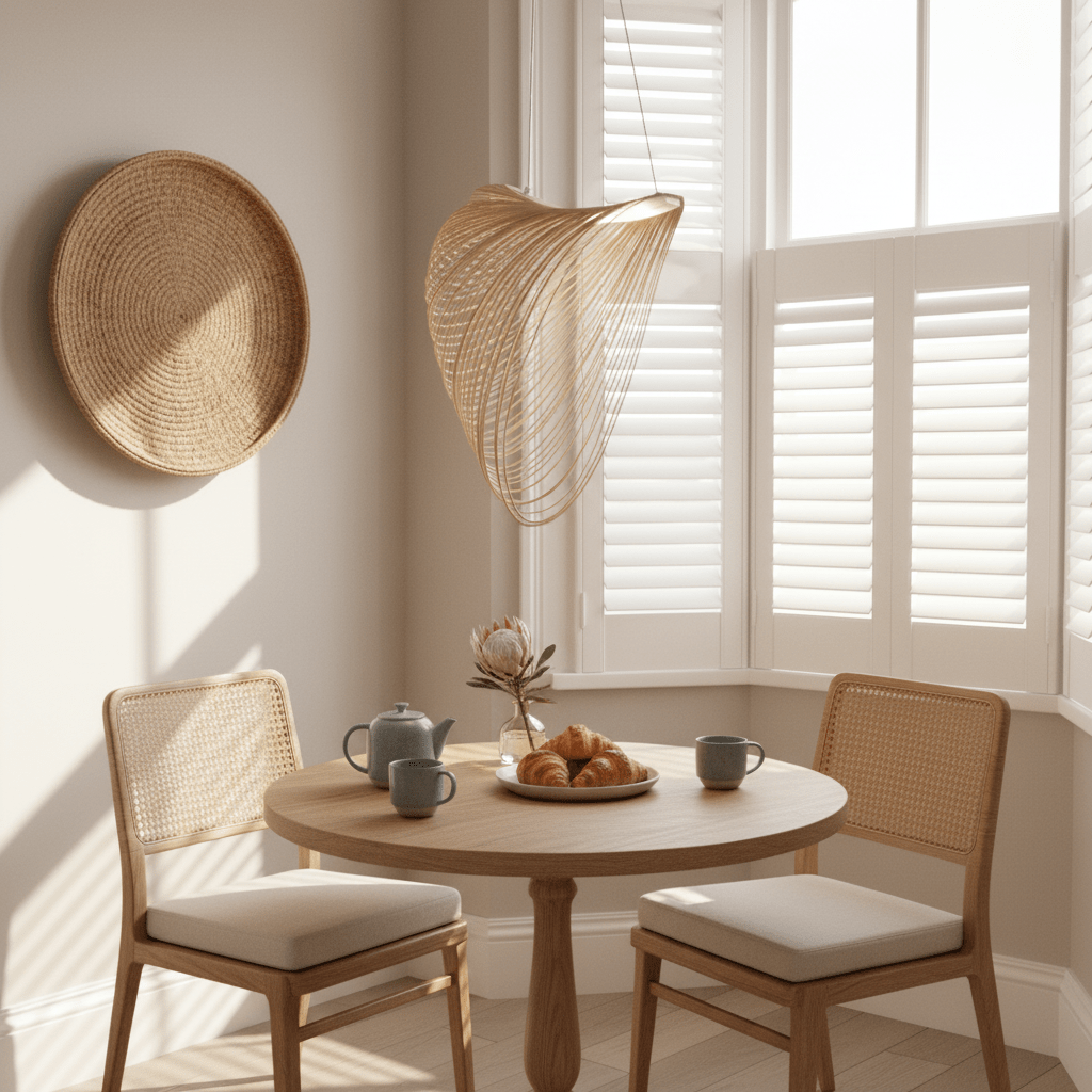 Elijah Natural LED Pendant light hanging above a round wooden dining table set with tea and pastries.