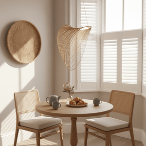Elijah Natural LED Pendant light hanging above a round wooden dining table set with tea and pastries.
