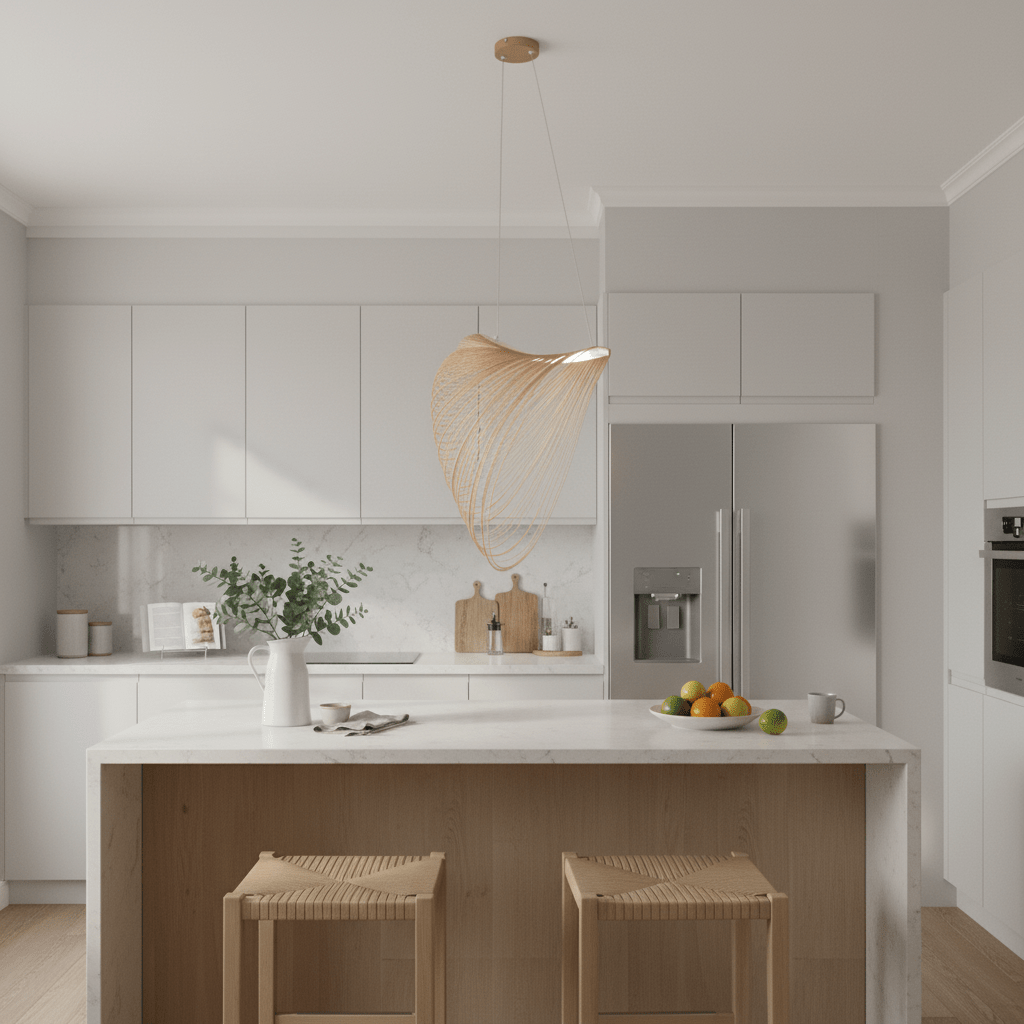 Elijah Natural LED Pendant light hanging above a kitchen island with wooden stools and a marble countertop.