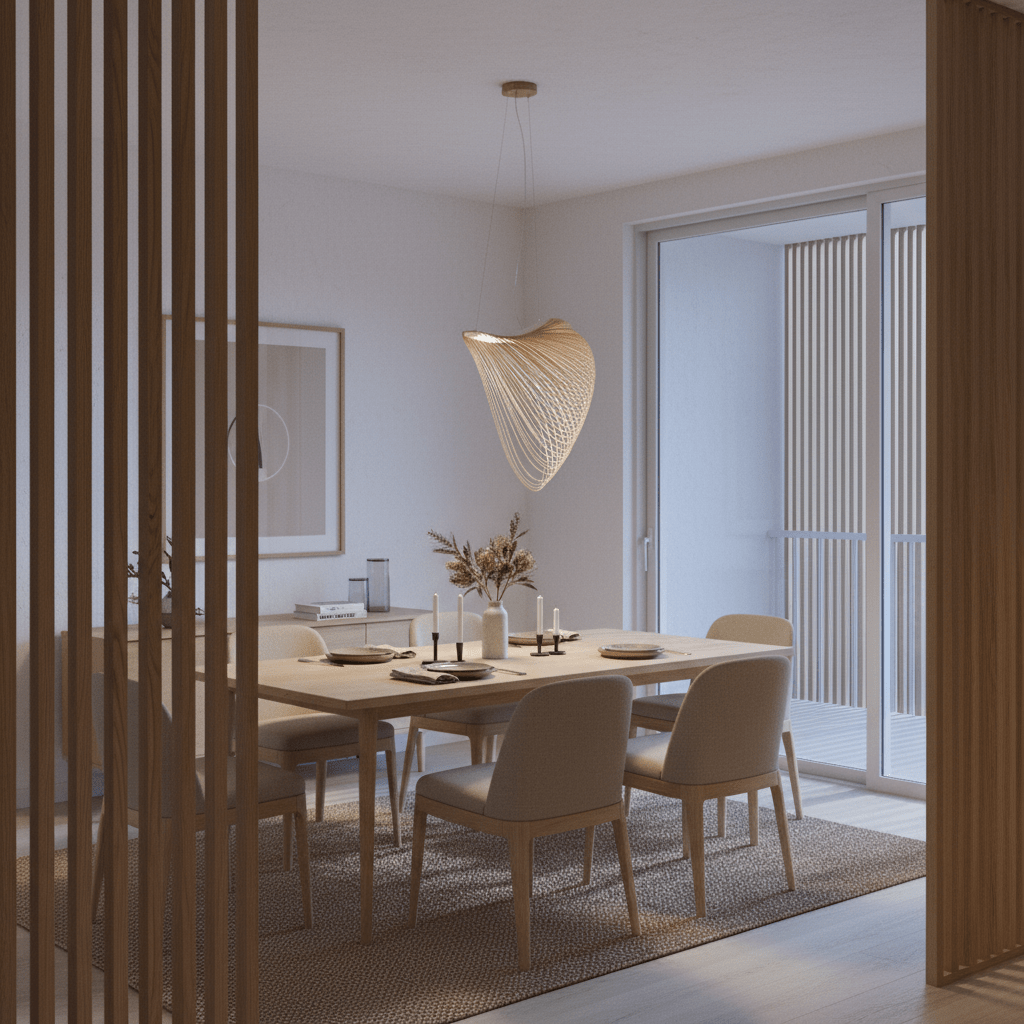 Elijah Natural LED Pendant light hanging above a modern dining table with soft textures and natural elements.