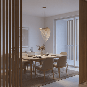 Elijah Natural LED Pendant light hanging above a modern dining table with soft textures and natural elements.