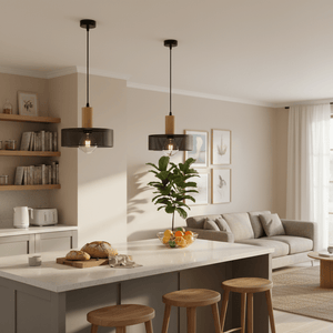 Two Enid Pendant Lights with metal mesh shades and wood details above a kitchen island, creating a warm ambiance.