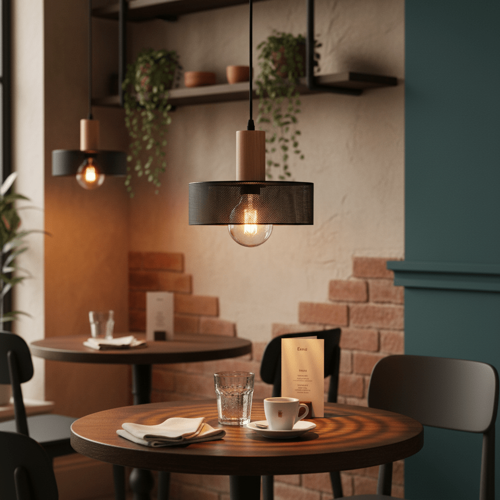 Enid Pendant Light in a cozy café setting, illuminating a wooden table with a coffee cup and glass.