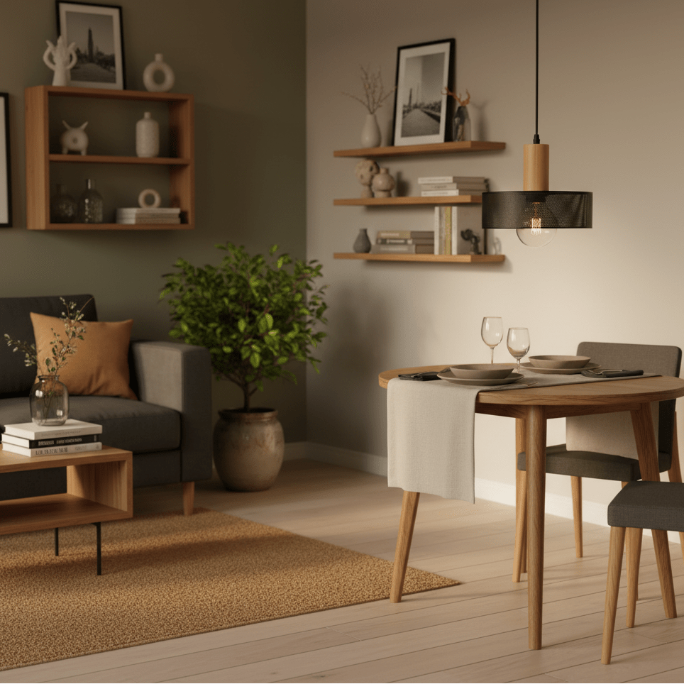 Enid Pendant Light hanging above a dining table set for two in a cozy living space.