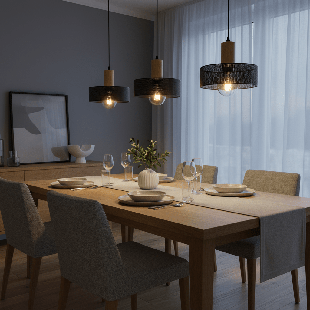Three Enid Pendant Lights hang above a wooden dining table set for a meal, creating a warm ambiance.