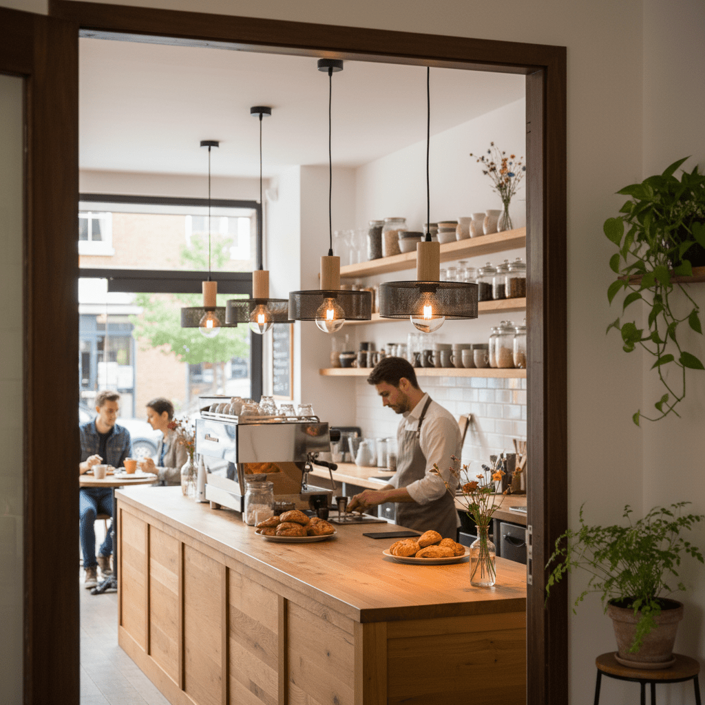 Enid Pendant Light showcased in a café setting, illuminating a wooden counter with pastries and a barista at work.