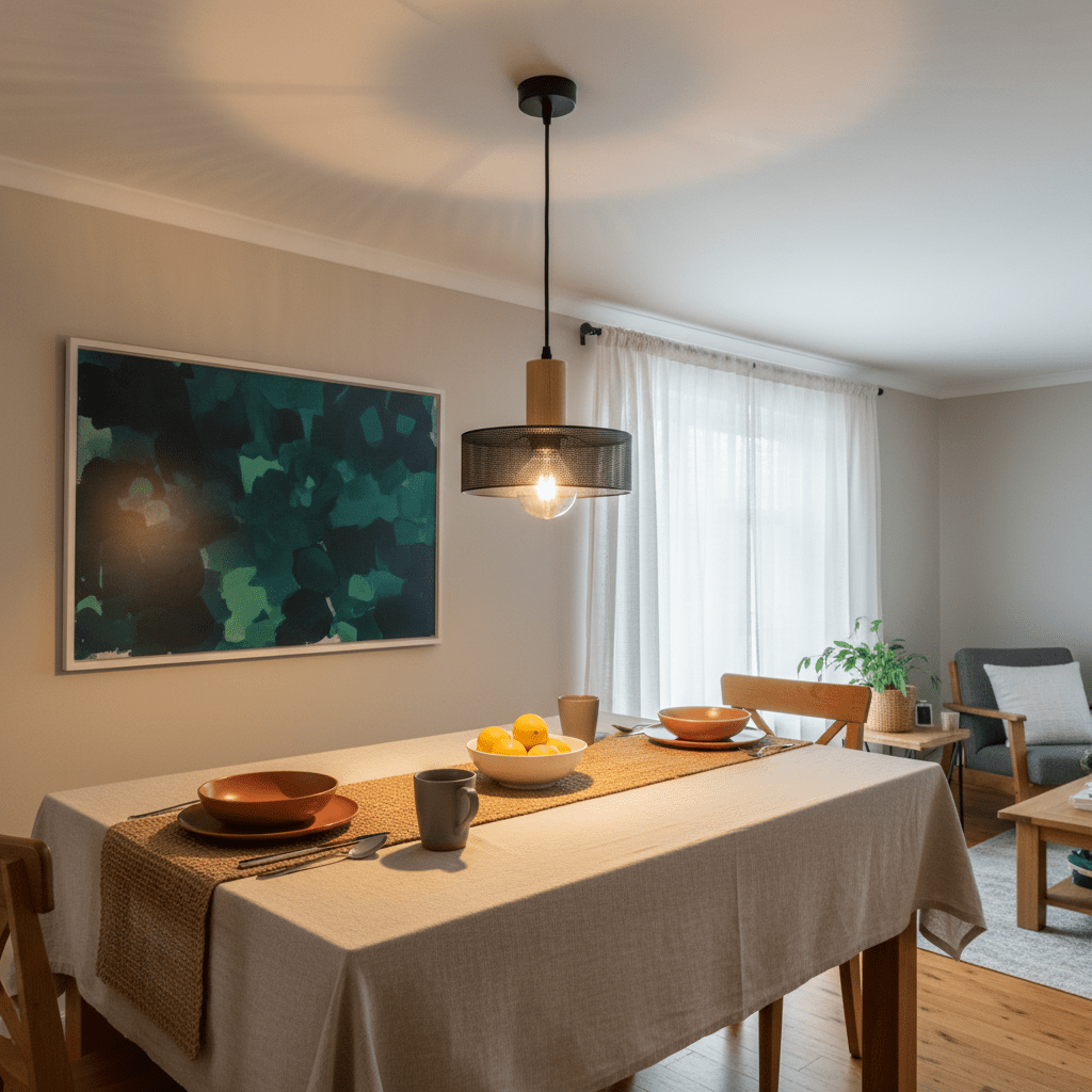 Enid Pendant Light hanging above a dining table set with plates and a bowl of lemons, in a cozy interior.