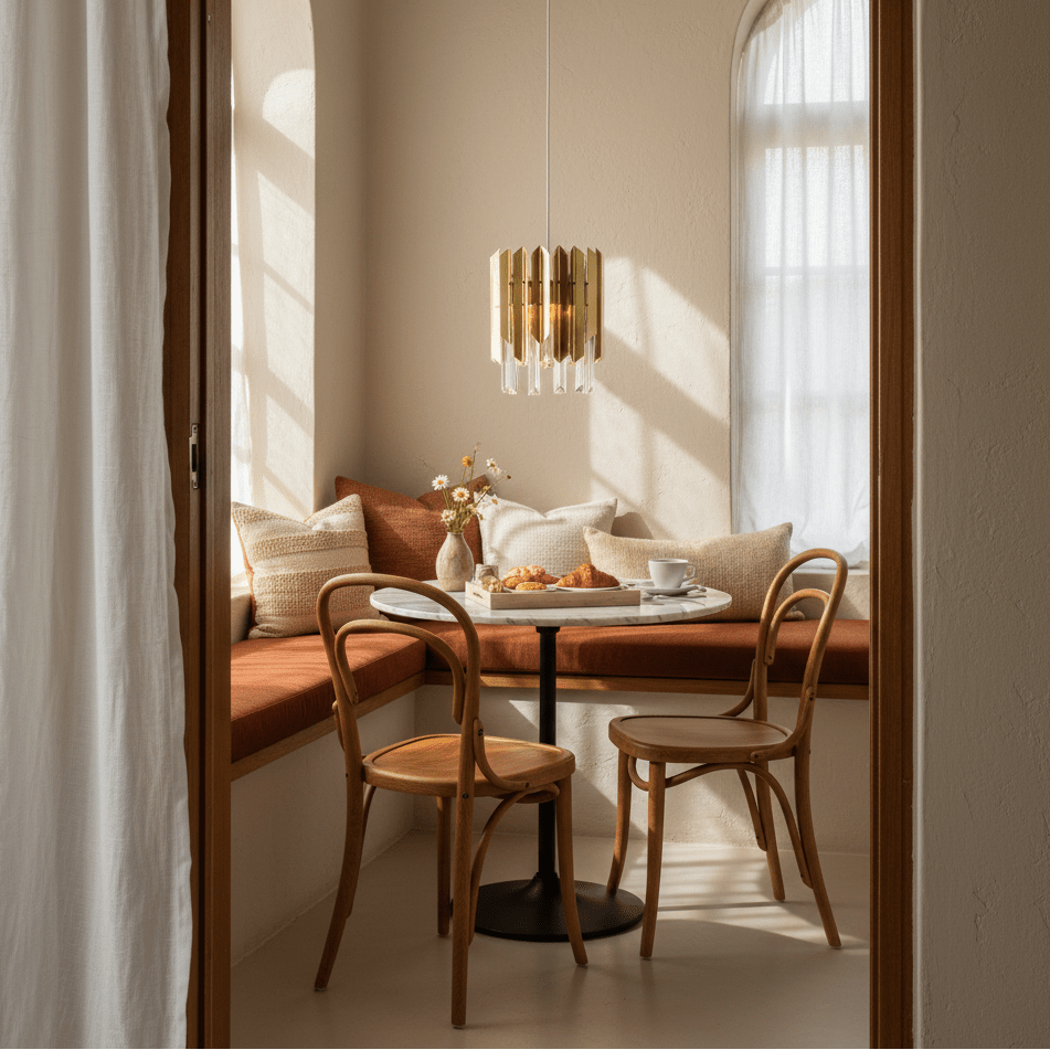 Gold and crystal pendant light hangs above a round marble table with two wooden chairs in a sunlit breakfast nook.